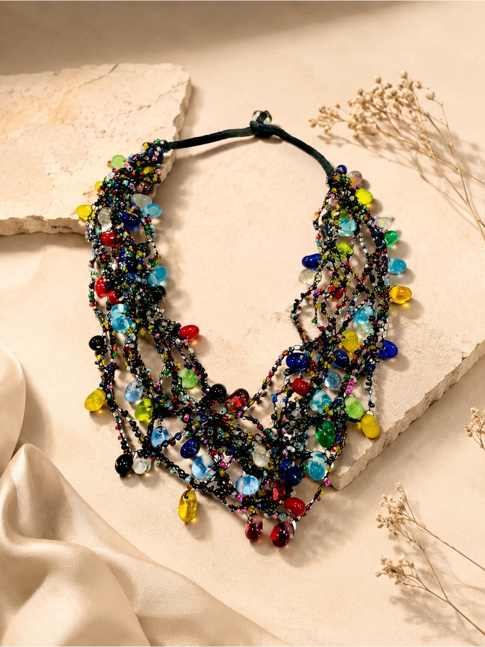 Vintage multi-strand colourful Glass Beads hand knitted string Necklace